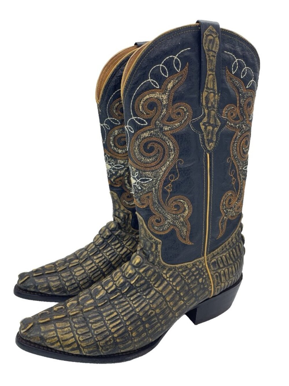 El General Men 9.5 Brown Black Gator Print Embossed Leather Western Cowboy Boots